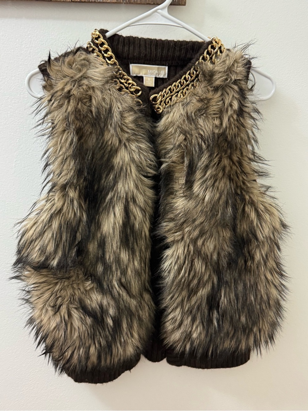MICHAEL Michael Kors Brown Faux Fur Vest with Gold Chain Trim